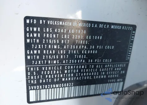 2022 Volkswagen Taos 1.5T S из США, поврежденный, VIN 3VVDX7B29NM056822